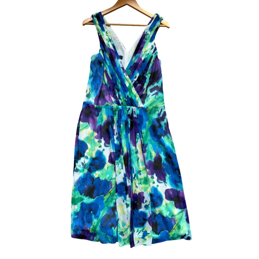 Anne Klein Dress Womens 16 Kauai Blueberry Multi Floral Pleated V-Neck NEW